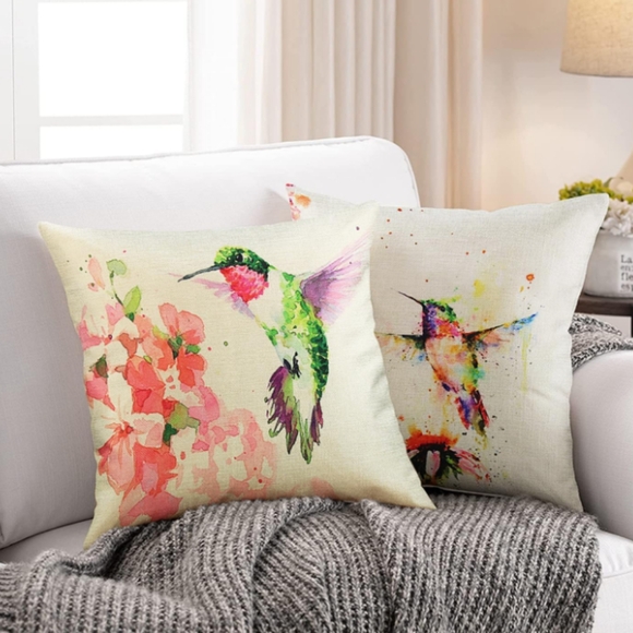 Set 4 Hummingbird Colorful Watercolor Bird Pillow Covers Throw Pillows Birds New - Picture 8 of 10